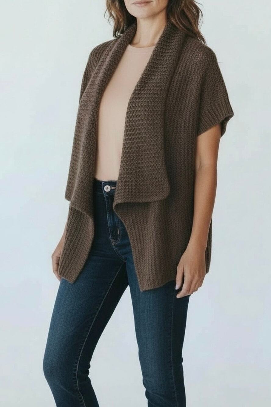 Kenar Open Front Short Sleeve Cardigan Large Brown Wool Textured Knit Sweater